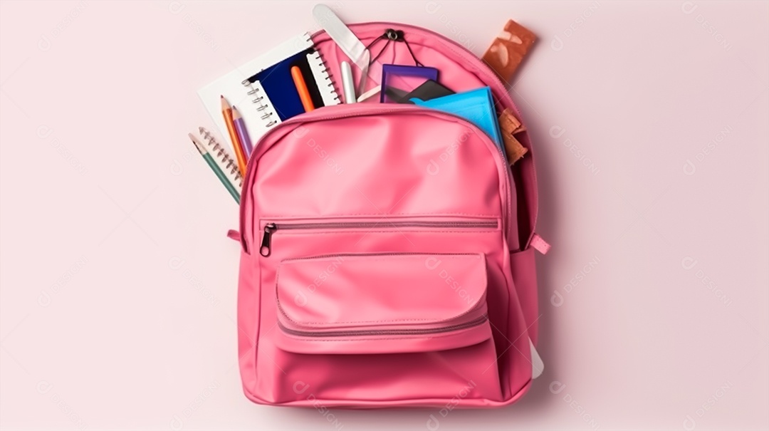 Material escolar rosa com fundo de cor rosa pastel
