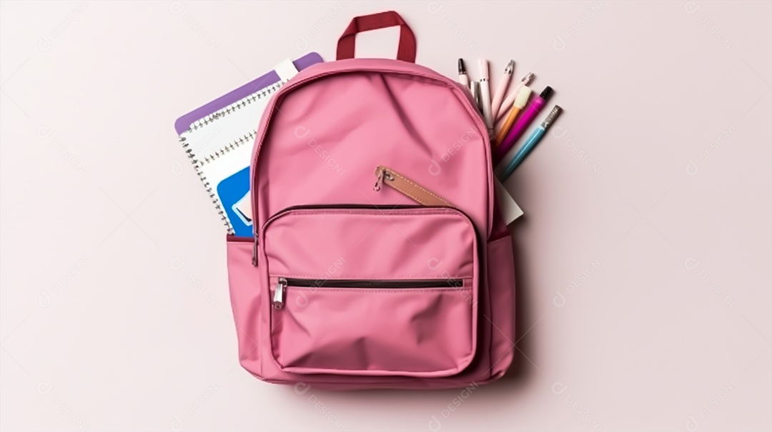 Material escolar rosa com fundo na tonalidade rosa pastel