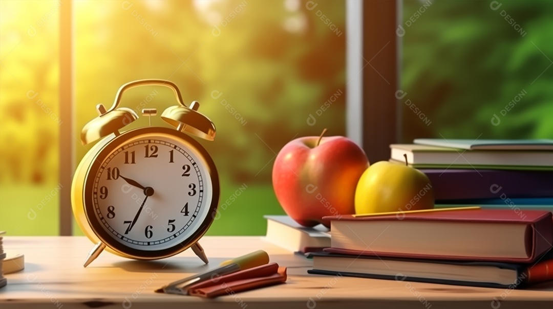 Material escolar sobre uma mesa de madeira