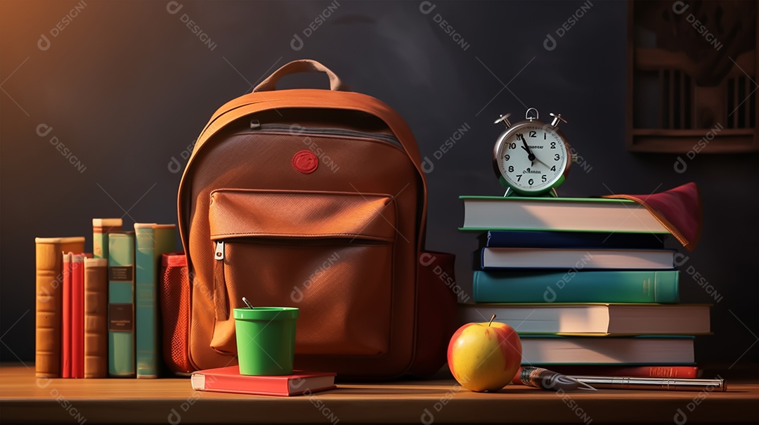 Material escolar sobre uma mesa de madeira