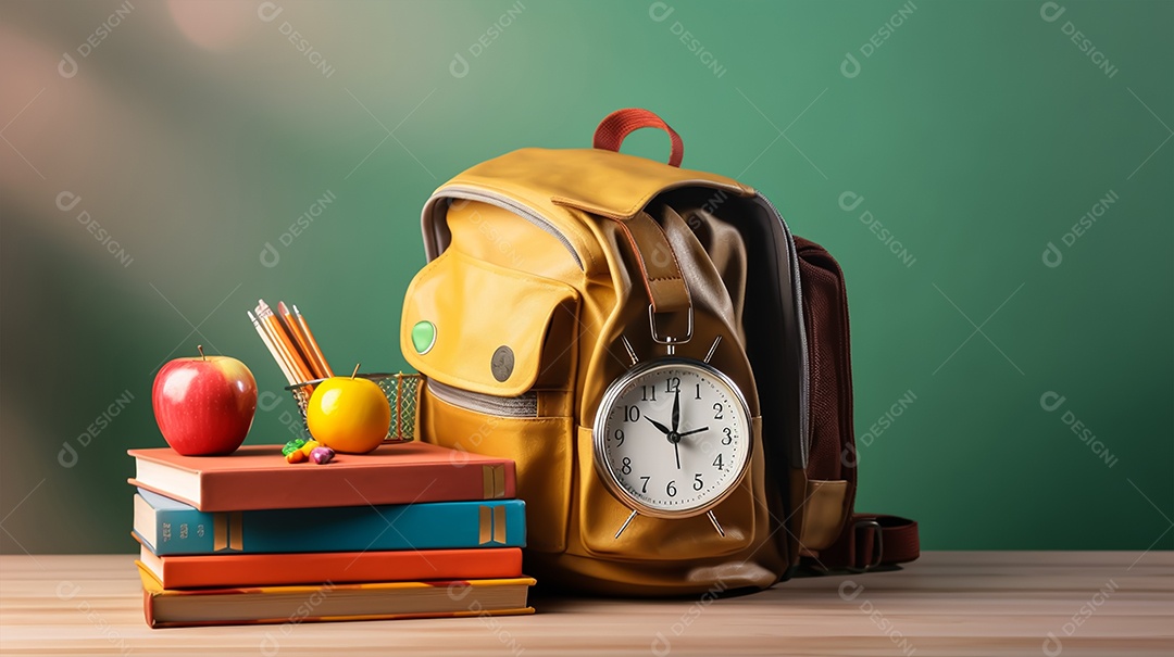 Material escolar sobre um fundo verde