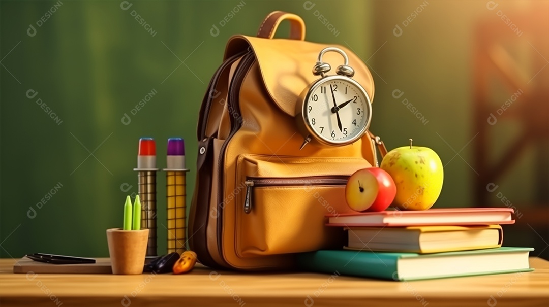 Material escolar sore uma mesa de madeira