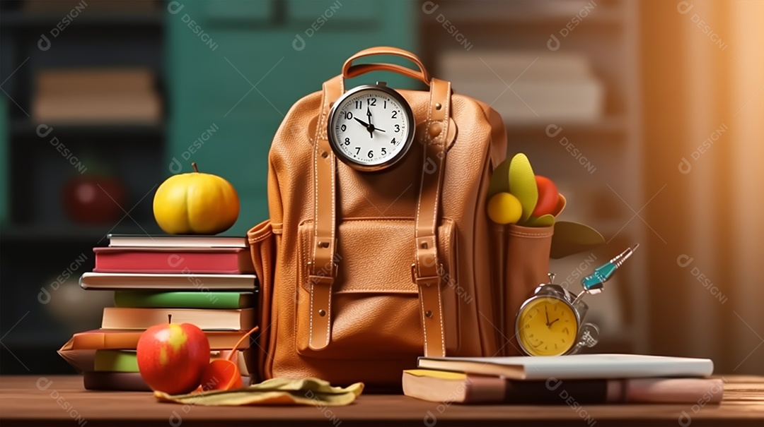 Material escolar sobre uma mesa de madeira