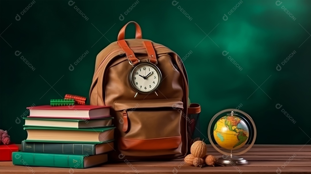 Material escolar sobre uma mesa de madeira