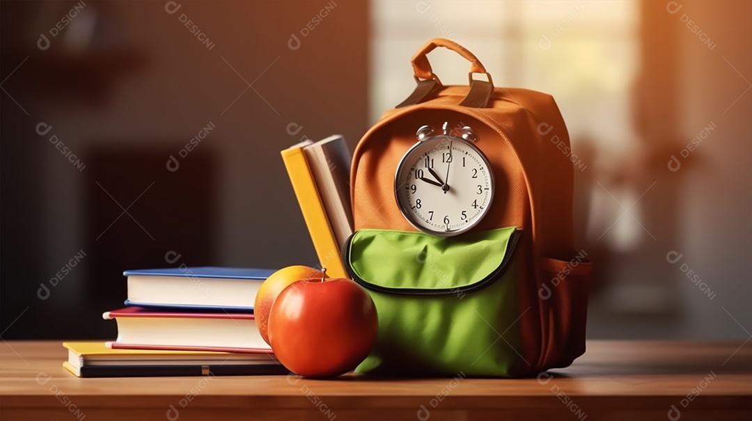 Material escolar sobre uma mesa de madeira