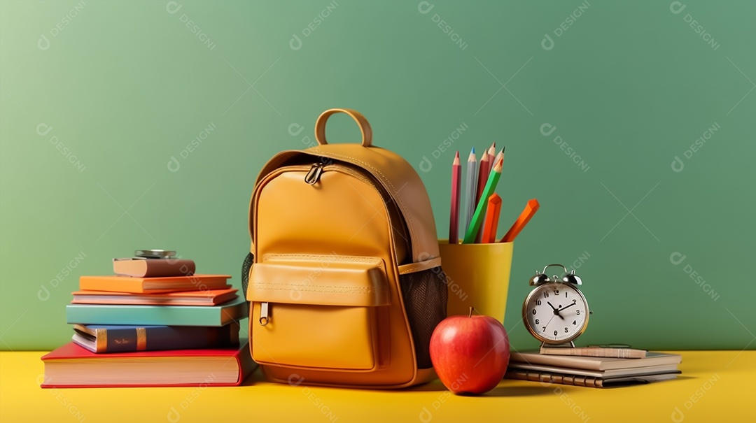 Material escolar sobre uma mesa de madeira