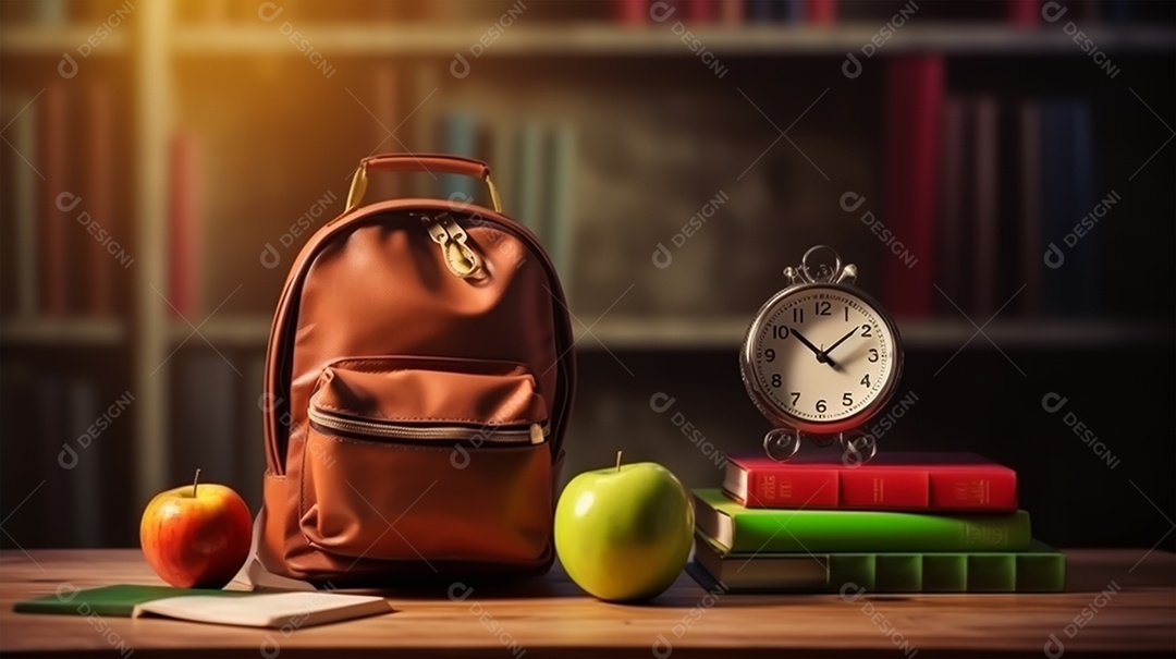 Material escolar sobre uma mesa de madeira