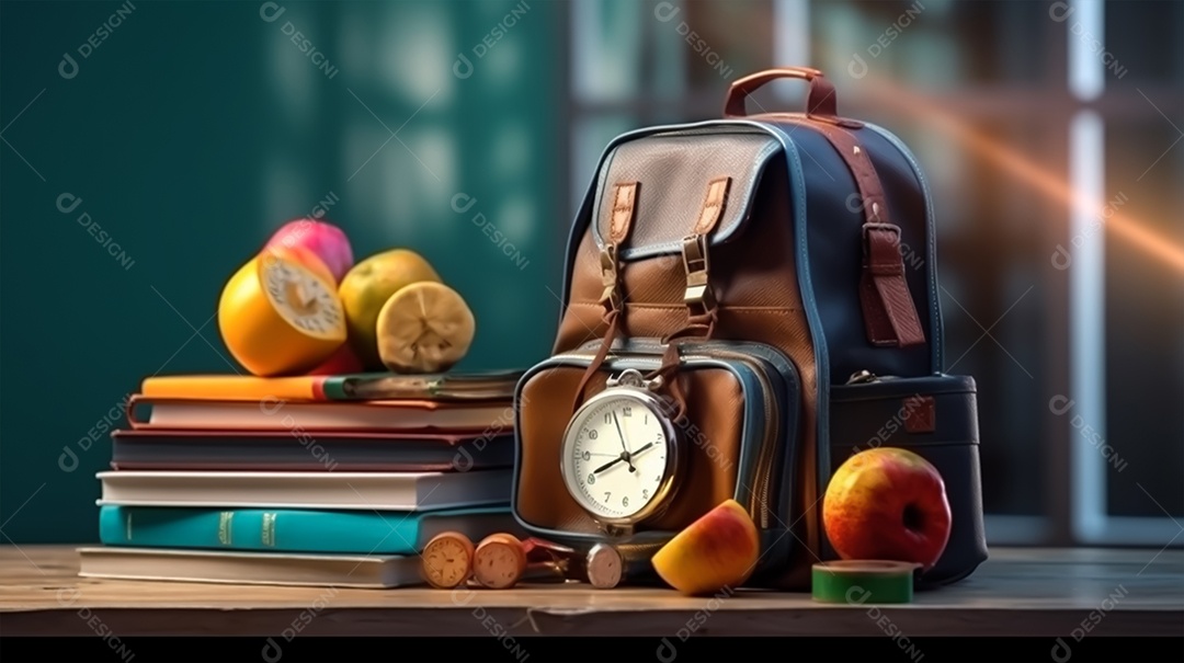 Material escolar sobre uma mesa de madeira