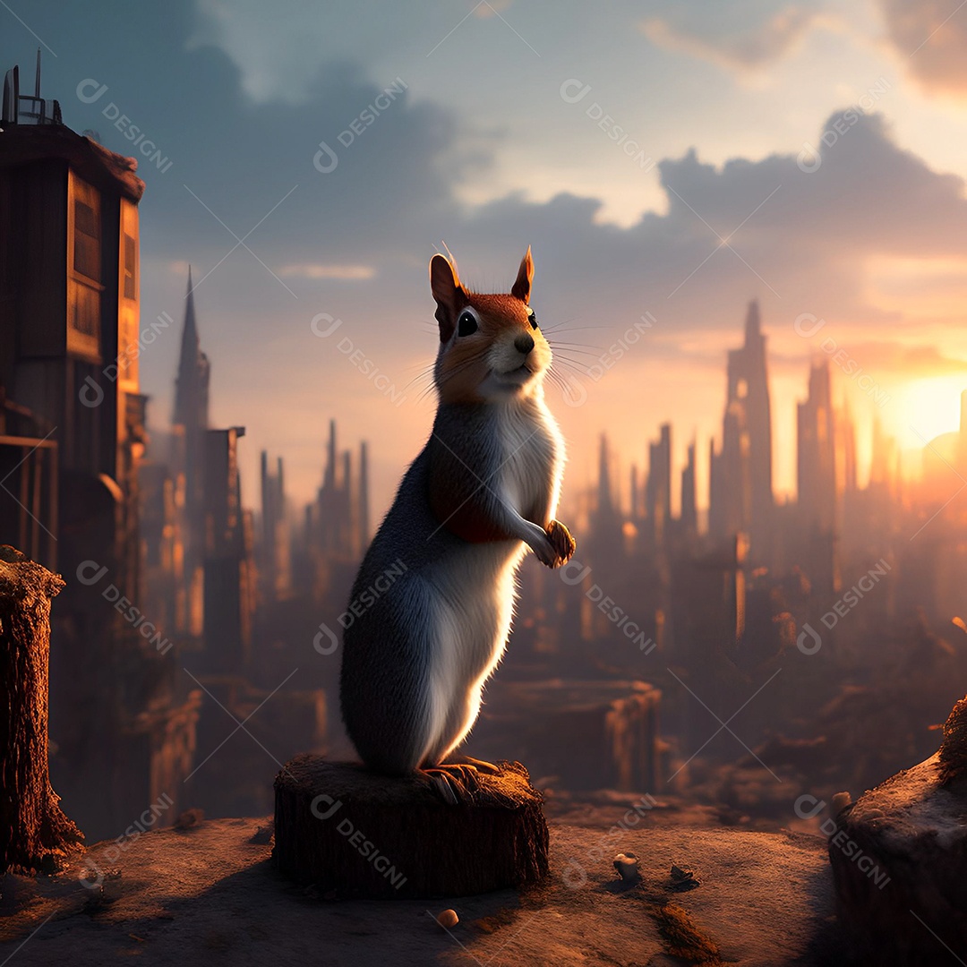 Esquilo realista em cidade abandonada 3d