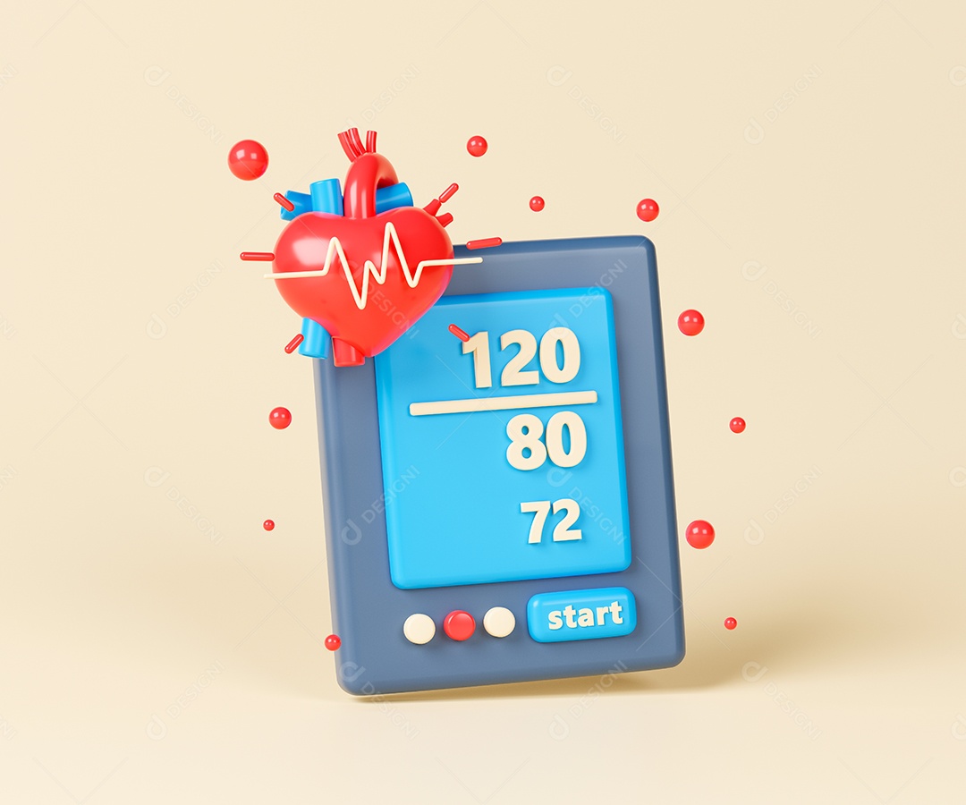 ilustração de medição de pressão arterial de conceito de renderização 3D. Monitor digital de pressão arterial em fundo marfim.