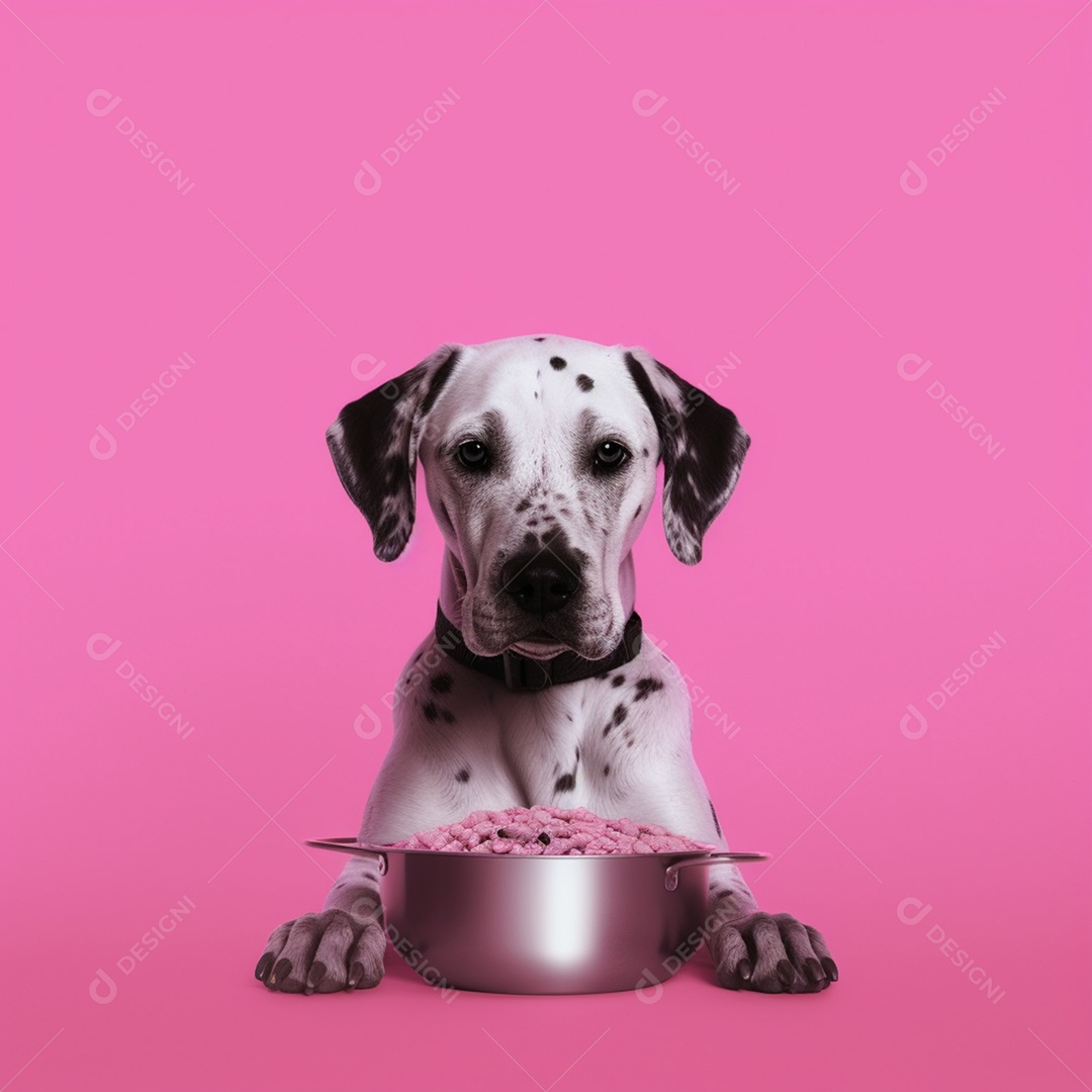 Cachorro dálmata com tigela de ração em fundo rosa