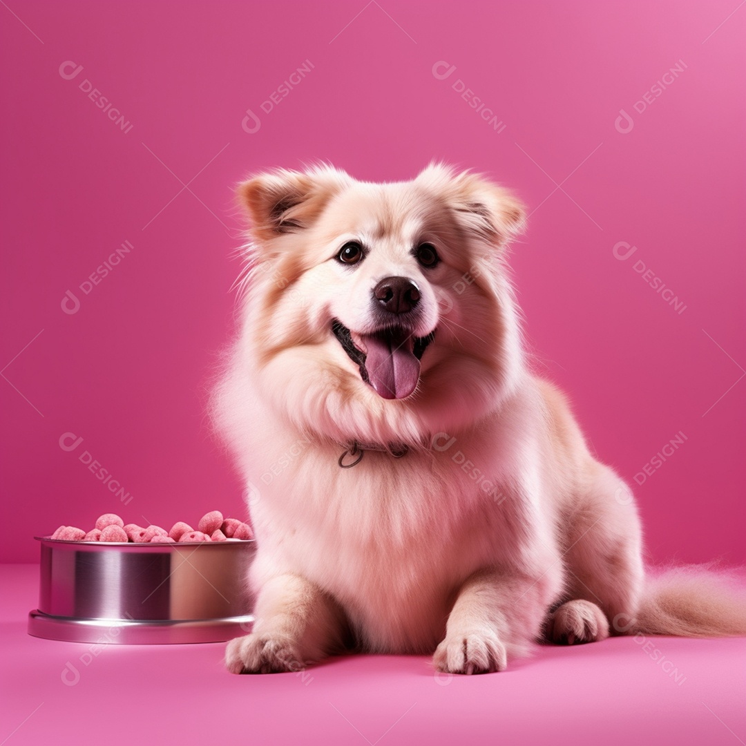 Cachorro fofo com tigela de ração em fundo rosa