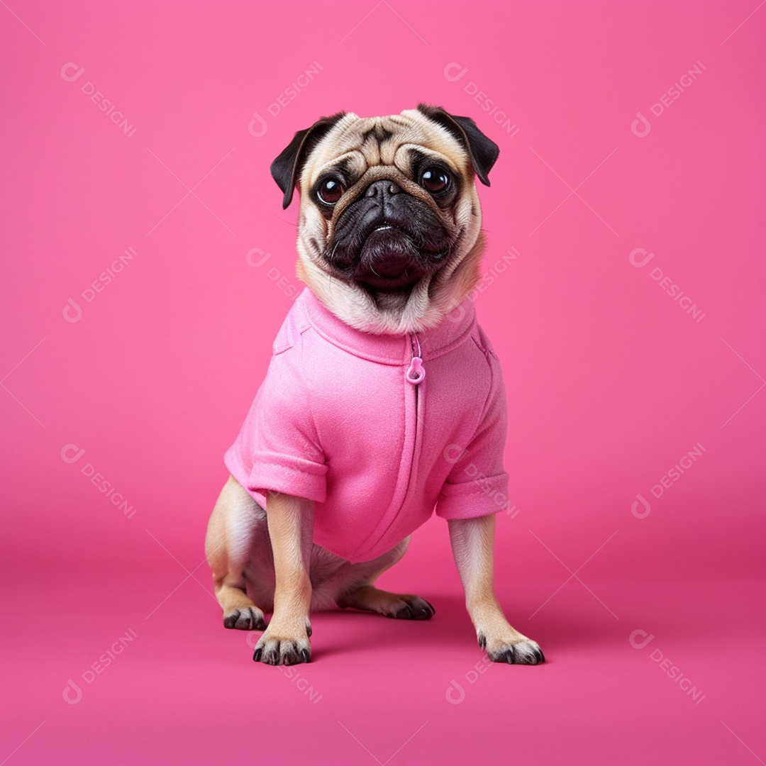 Cachorro Pug com roupa em fundo rosa