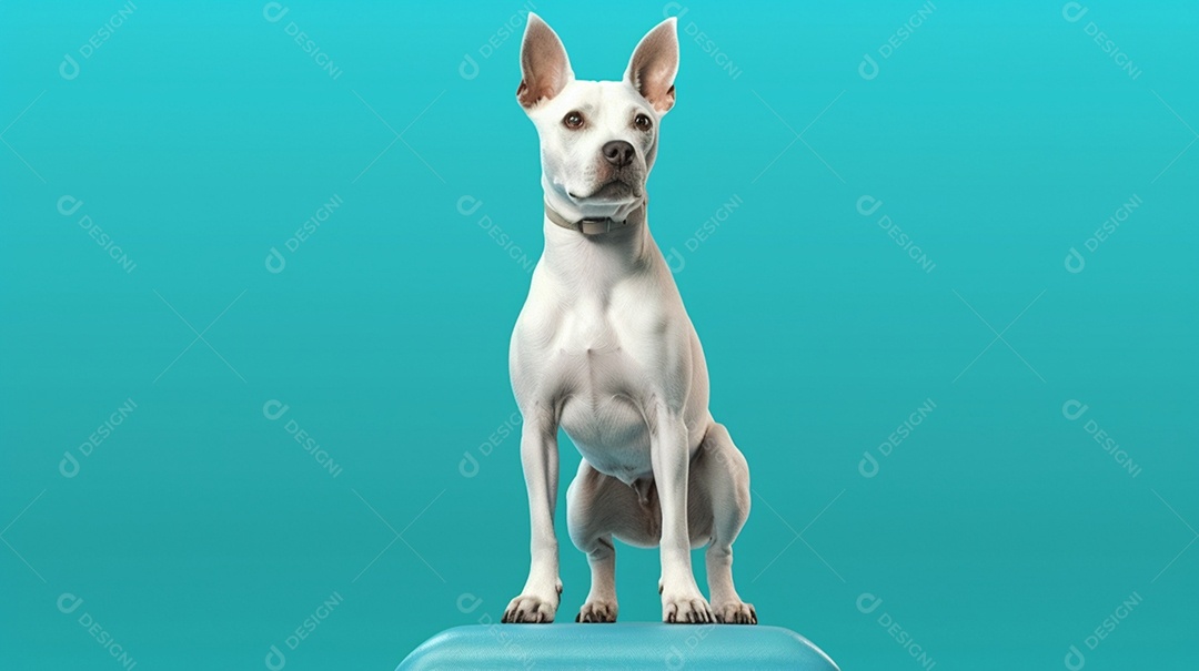 Cachorro parado em fundo azul