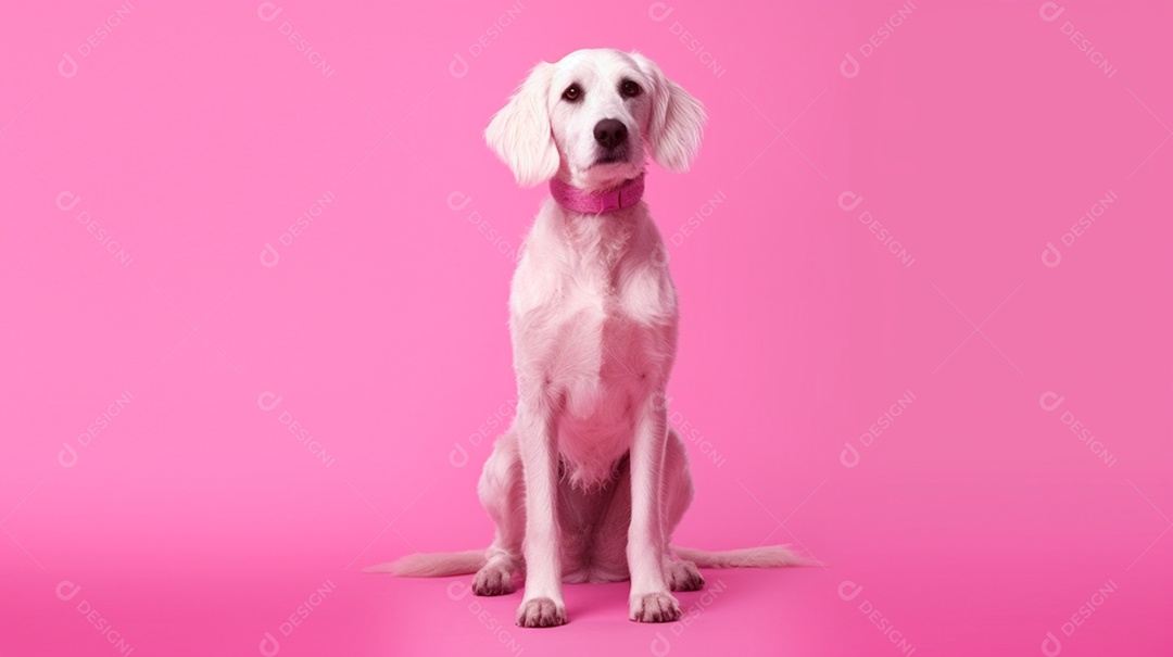 Cachorro parado em fundo rosa