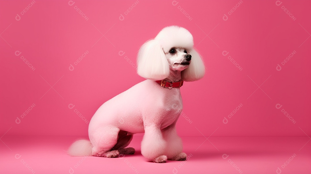 Cachorro parado em fundo rosa