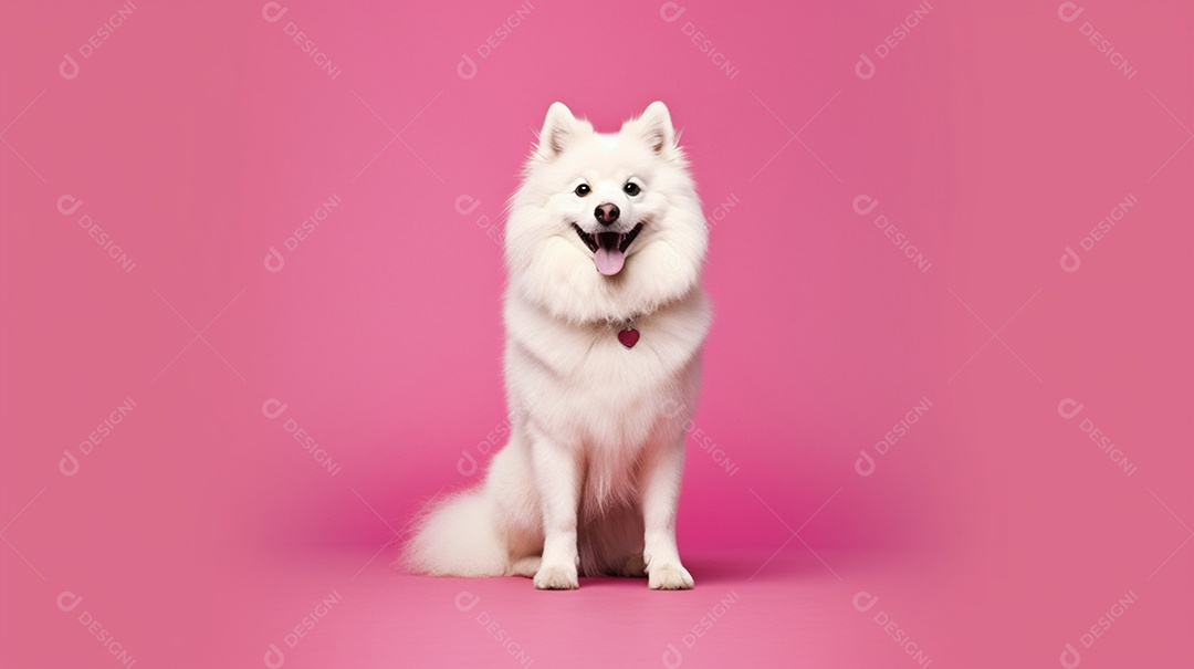 Cachorro parado em fundo rosa