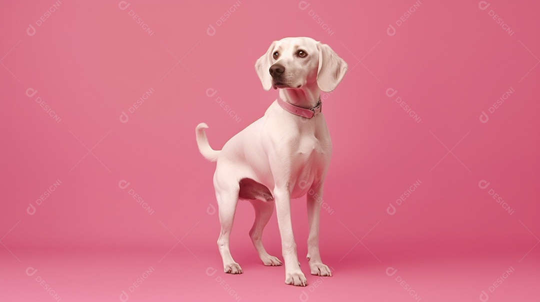 Cachorro parado em fundo rosa