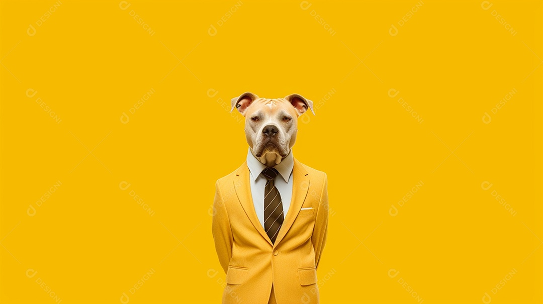 Cachorro com roupas sociais em fundo amarelo