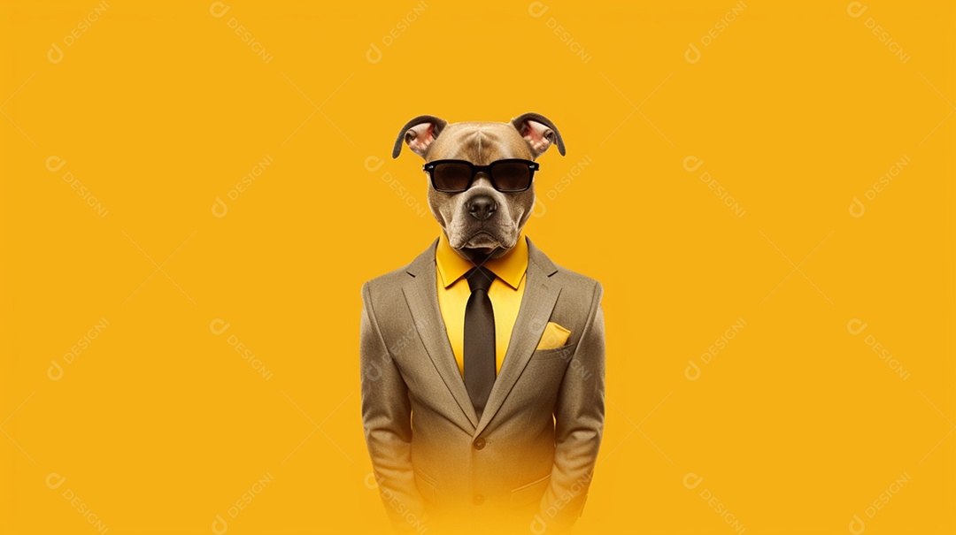Cachorro pitbull moderno de roupas sociais e óculos