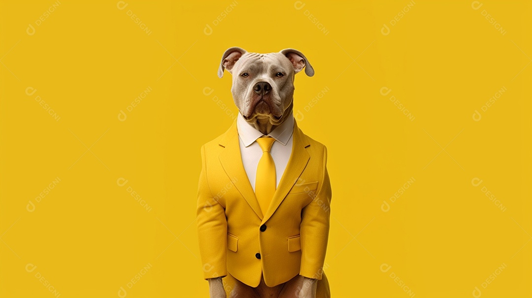 Cachorro com roupas sociais em fundo amarelo