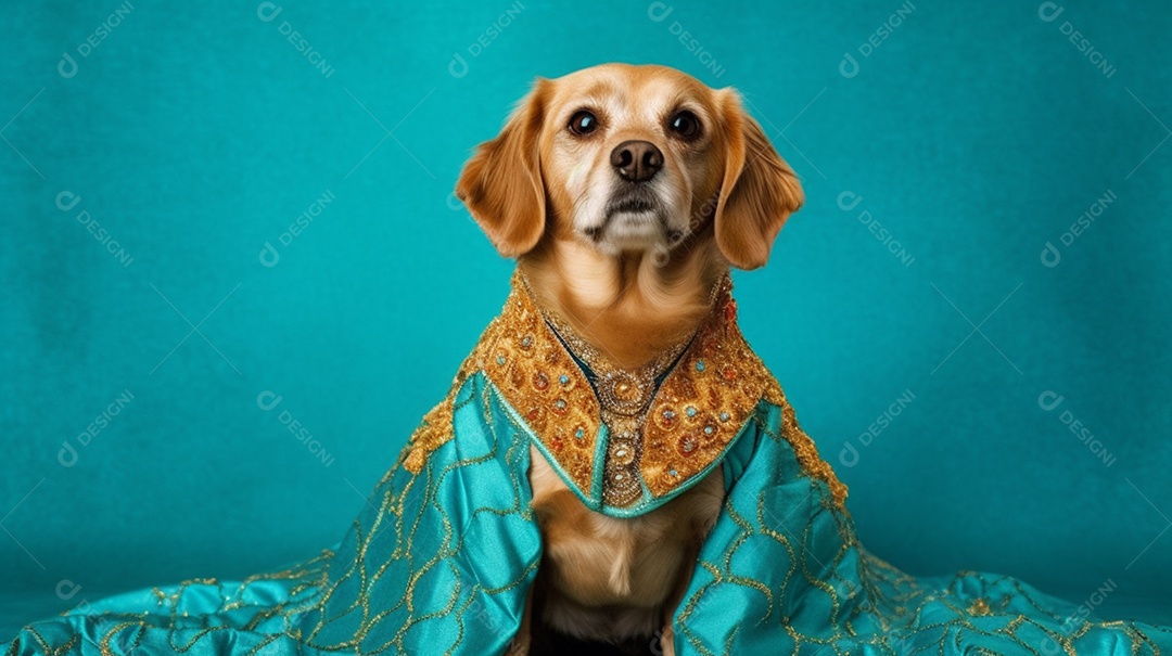 Cachorro com capa de tecido em fundo azul