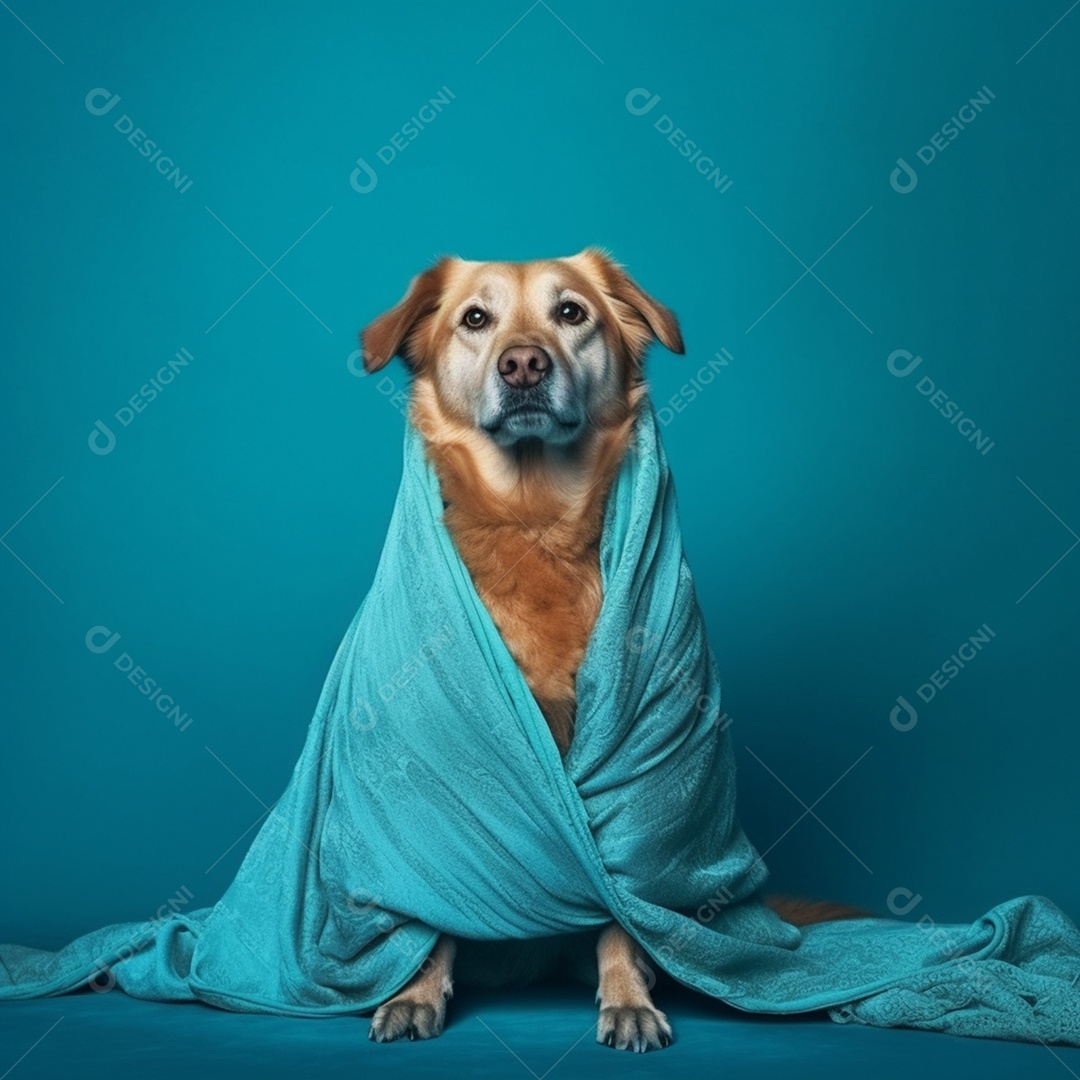 Cachorro com coberta em fundo azul