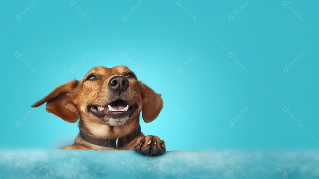 Cachorro marrom sorridente em fundo azul