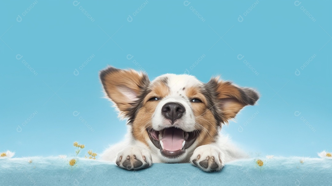 Cachorro filhote sorridente em fundo azul