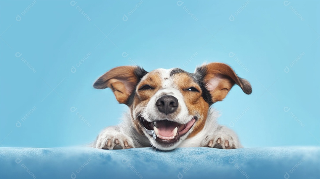 Cachorro filhote sorridente em fundo azul