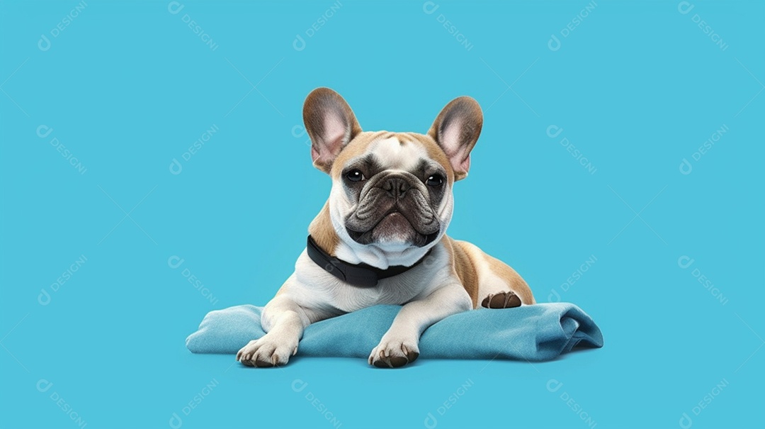 Cachorro filhote pug deitado em fundo azul