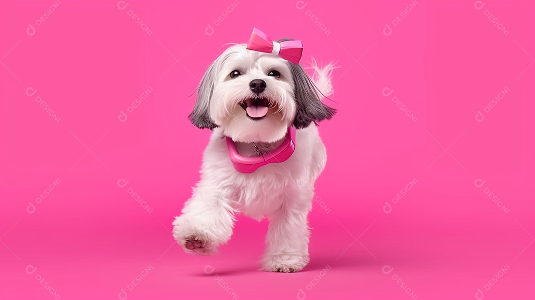 Cachorro femea correndo em fundo rosa