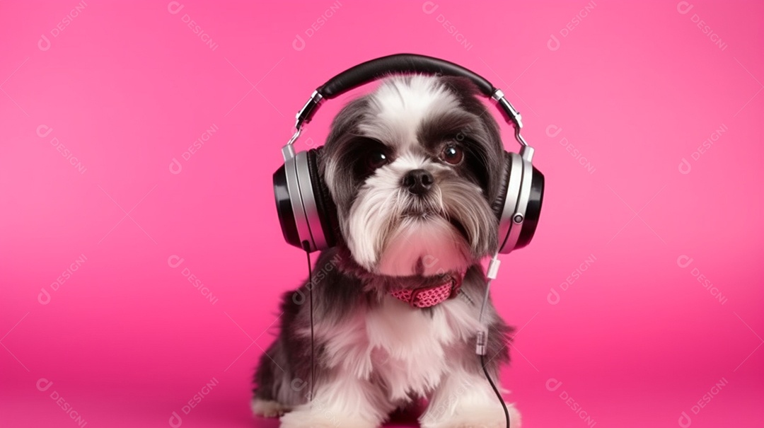 Cachorro filhote com fone de ouvido