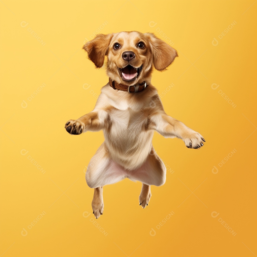 Cachorro pulando em fundo amarelo