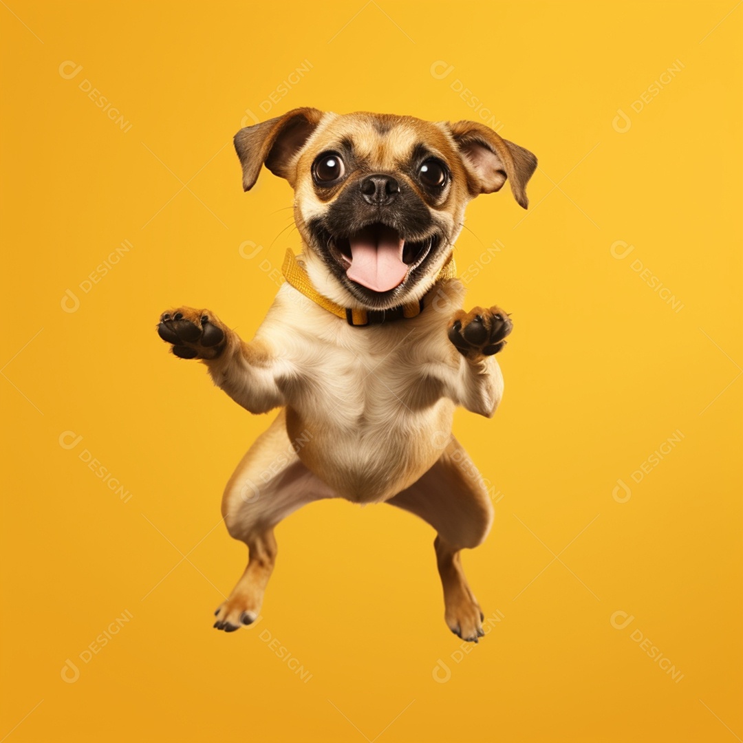 Cachorro pulando em fundo amarelo
