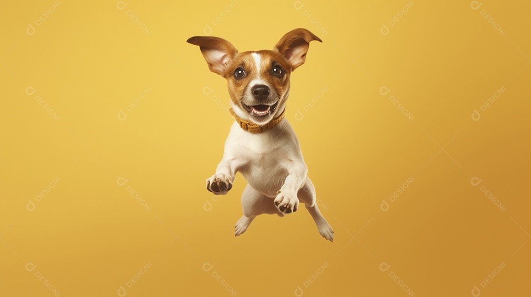 Cachorro pulando em fundo amarelo