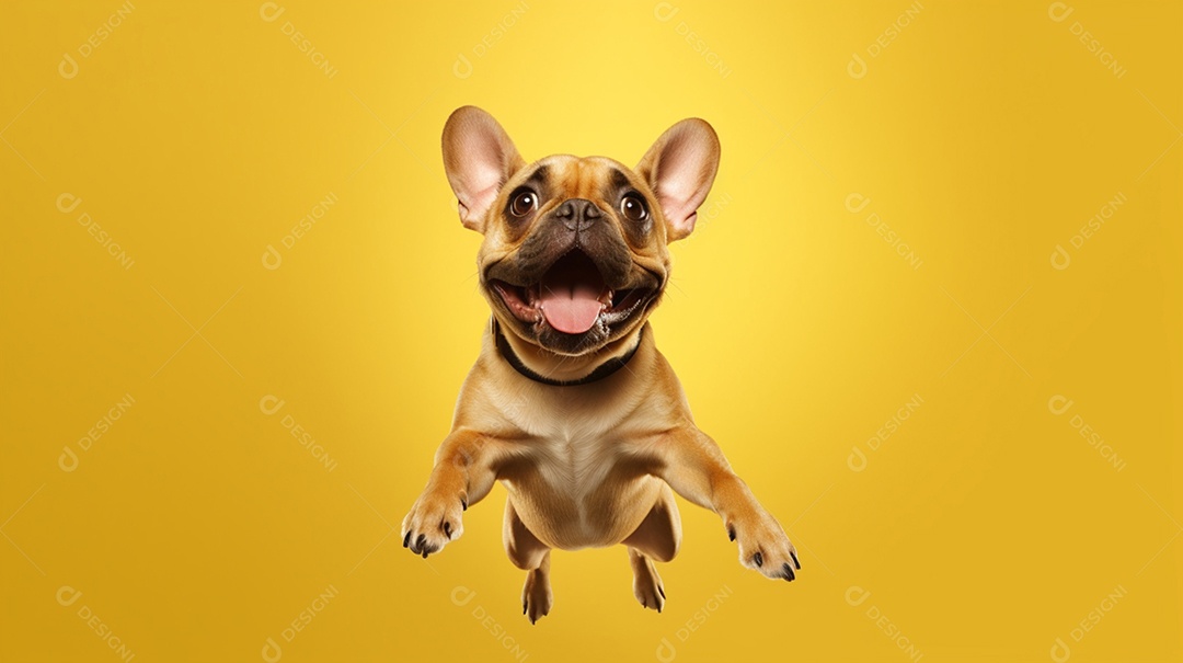Cachorro pulando em fundo amarelo