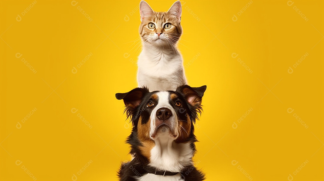 Cachorro e gato em fundo amarelo