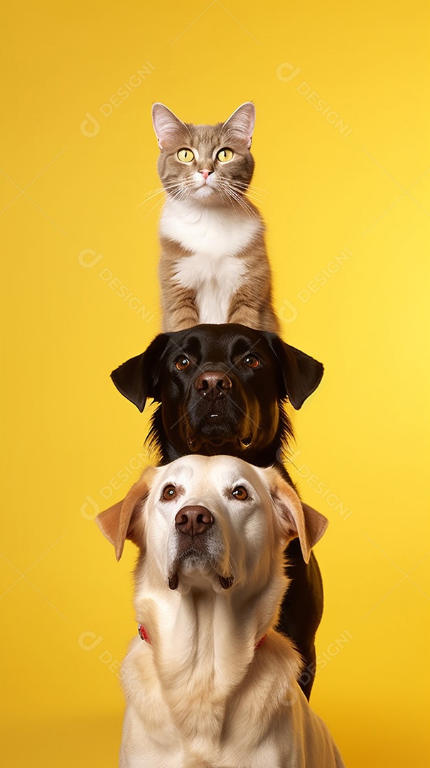 Cachorros e gato em fundo amarelo