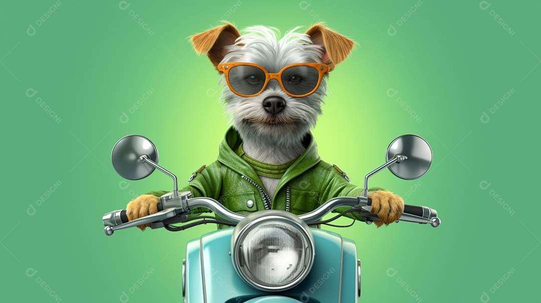 Cachorro fofo de óculos dirigindo moto em fundo verde