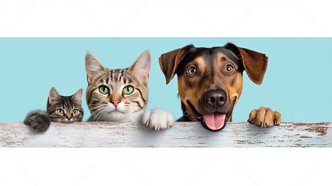 Filhote de cachorro e gato olhando sobre a cerca de madeira