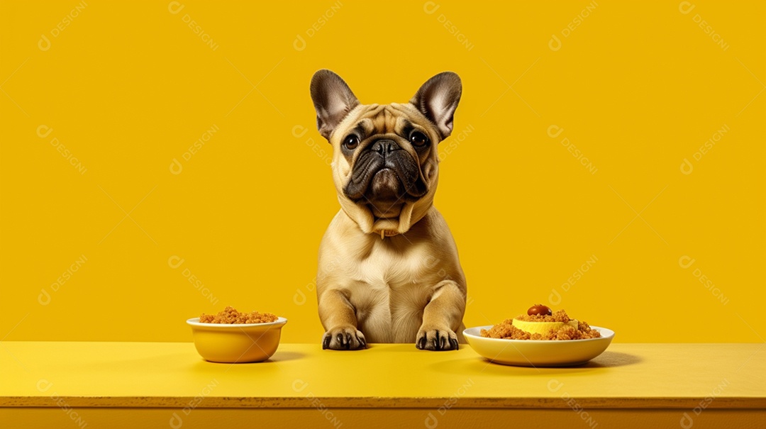 Cachorro Pug com tigela de refeição em fundo amarelo