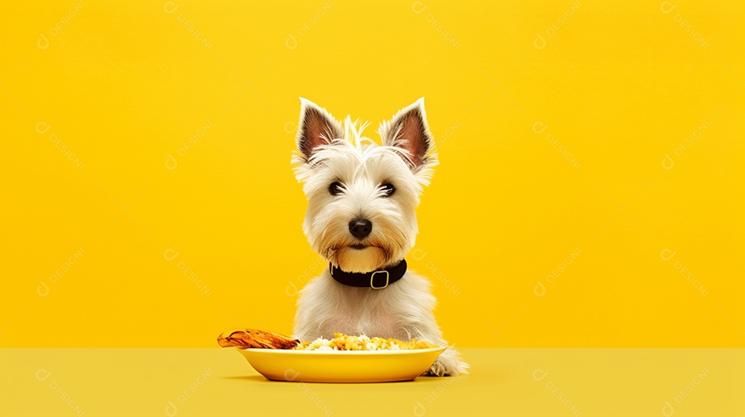 Cachorro maltês com tigela de refeição em fundo amarelo