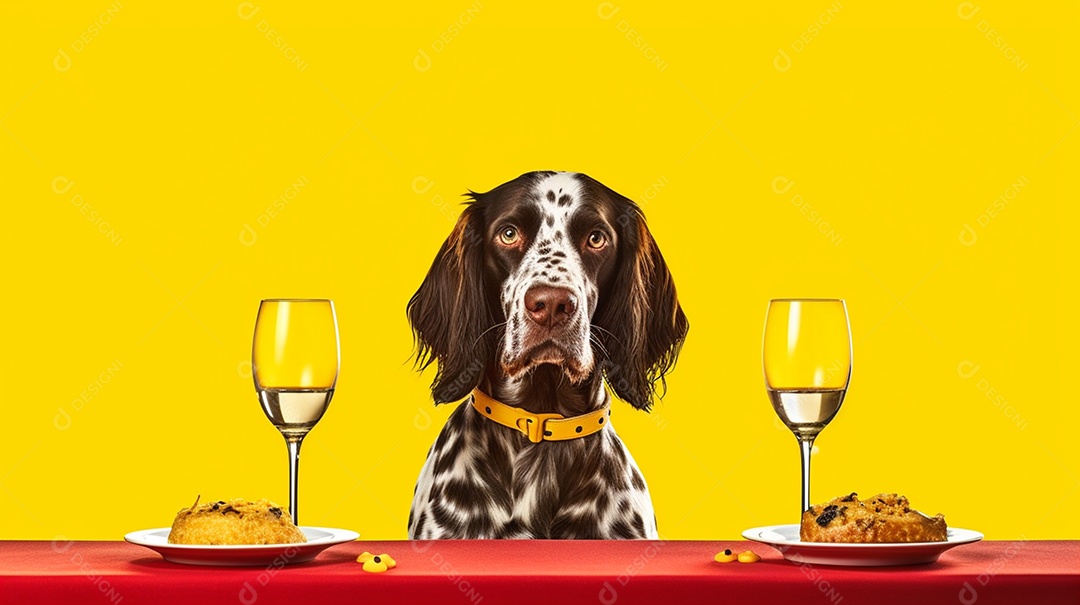 Cachorro sentado na mesa em fundo amarelo