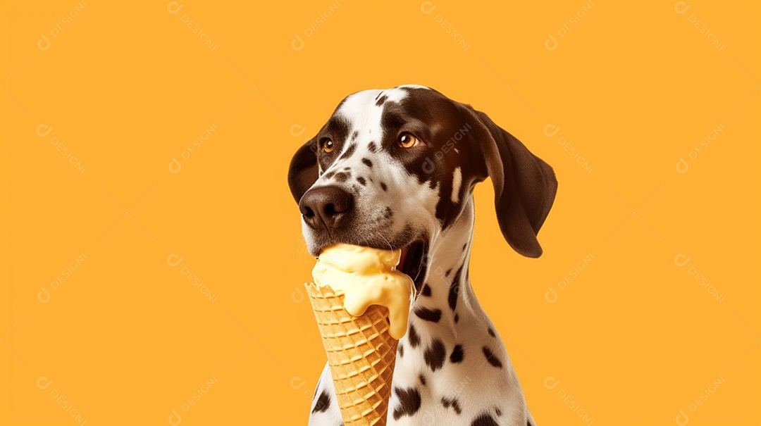 Cachorro dálmatas com sorvete de casquinha em fundo laranja
