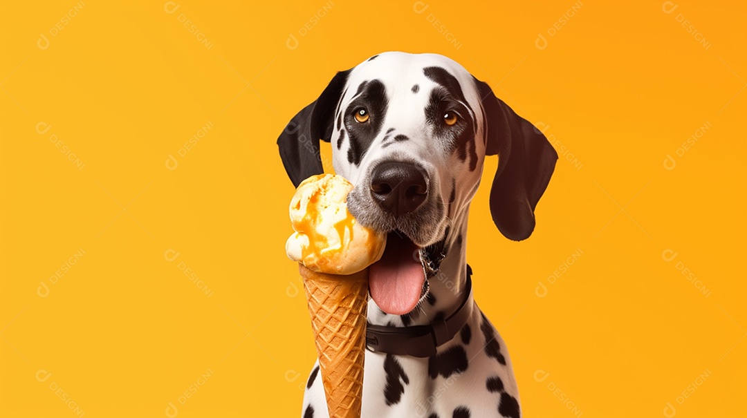 Cachorro dálmatas com sorvete de casquinha em fundo laranja