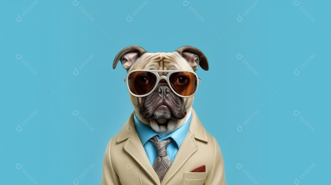 Cachorro Pug com óculos e roupa social em fundo azul