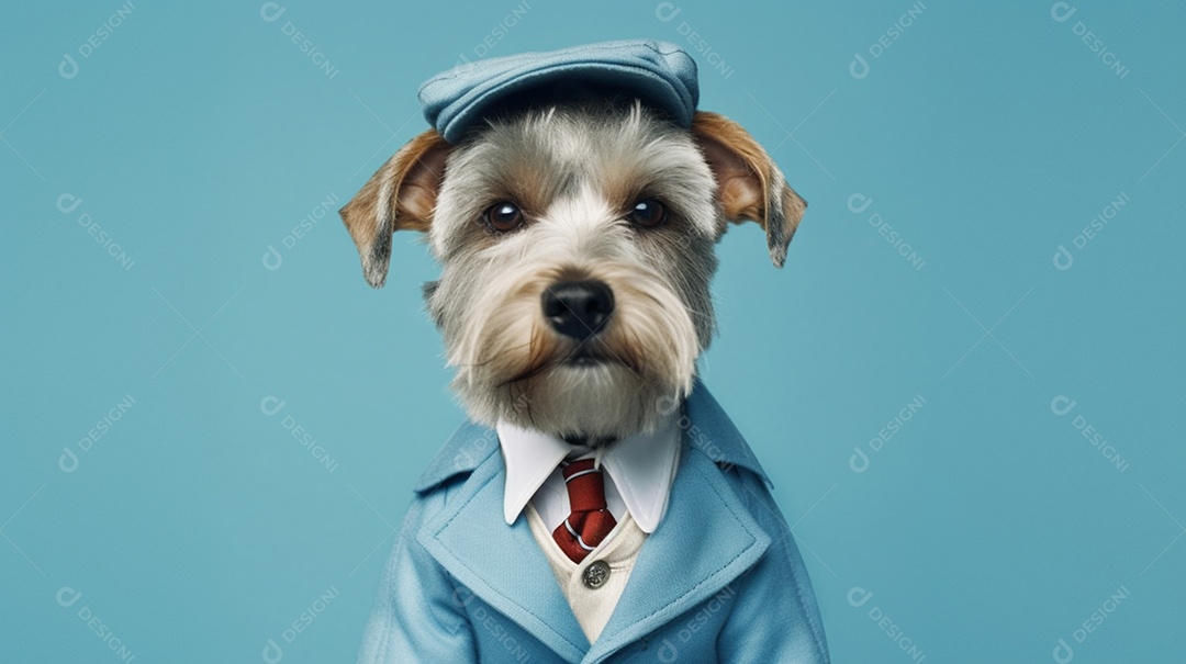 Cachorro poodle com chapéu e roupa social em fundo azul