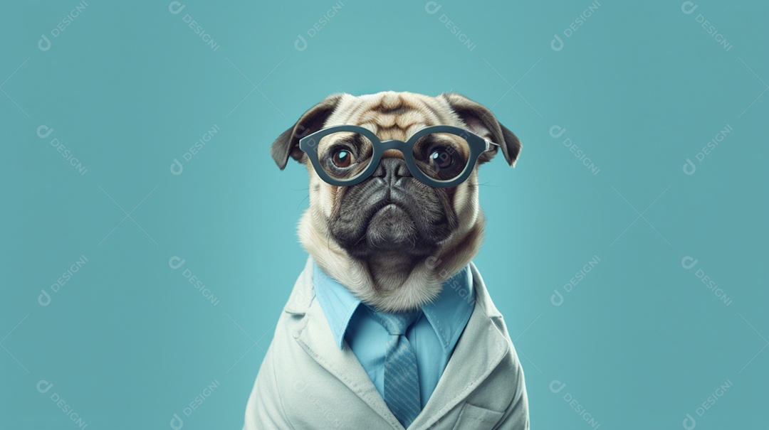 Cachorro Pug com óculos e roupa social em fundo azul