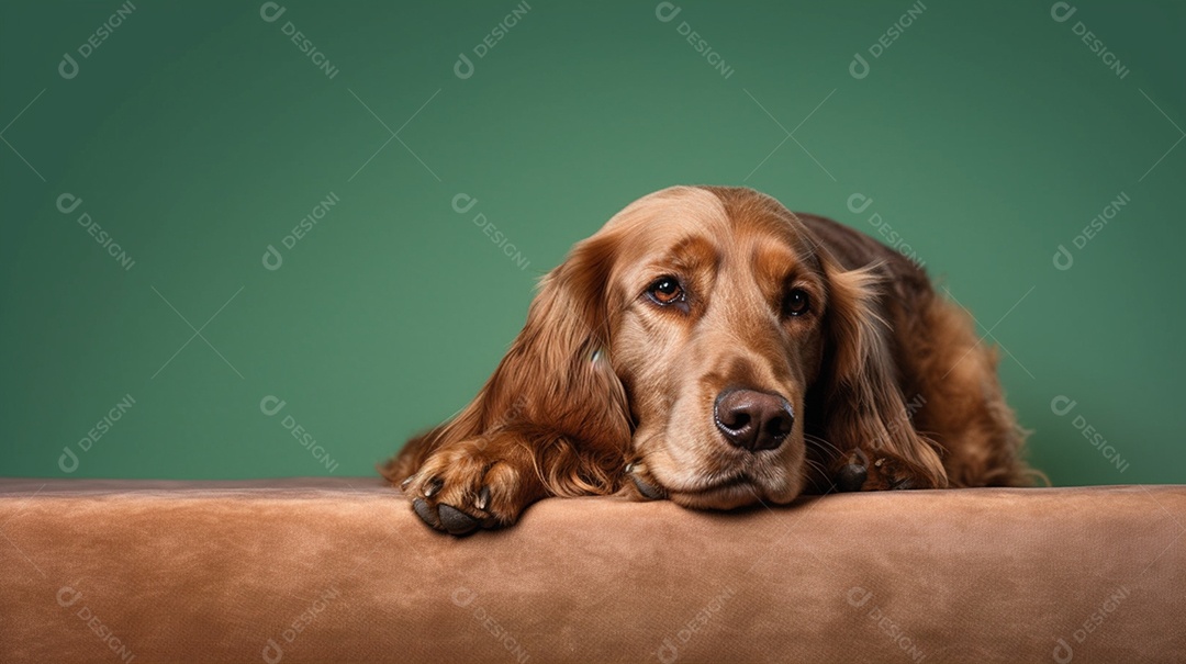 Cachorro Cocker spaniel inglês deitado em fundo verde